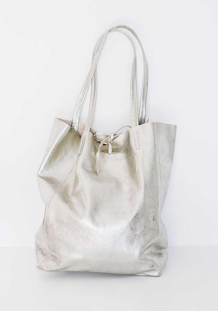 Leather Shopper Tote | Silver