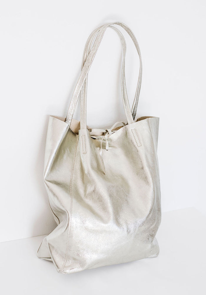 Leather Shopper Tote | Silver