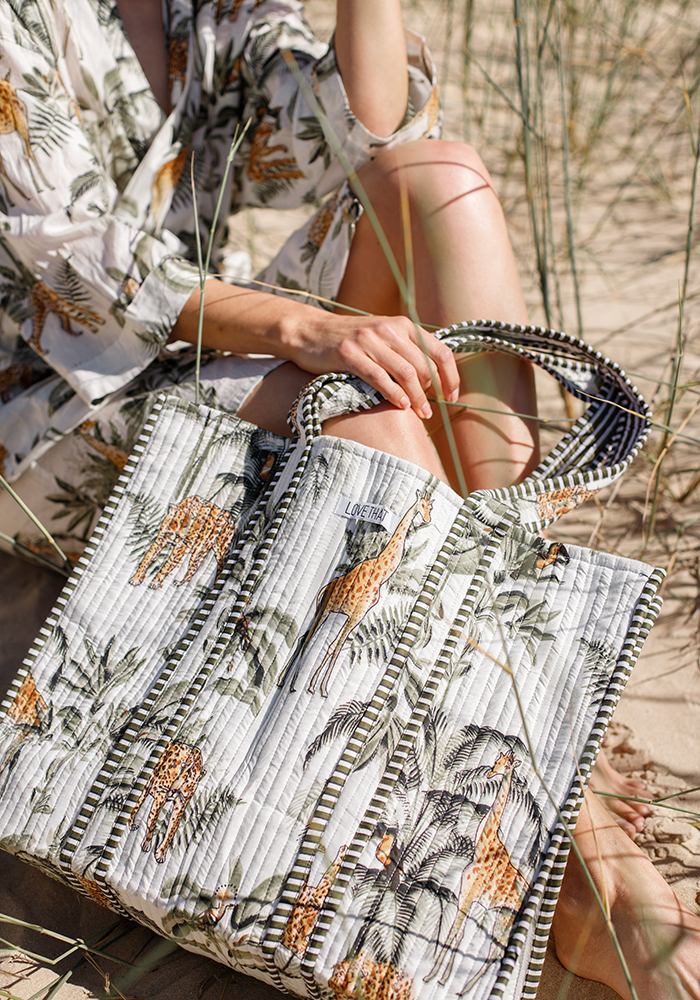 Quilted Tote Bag | Jungle White