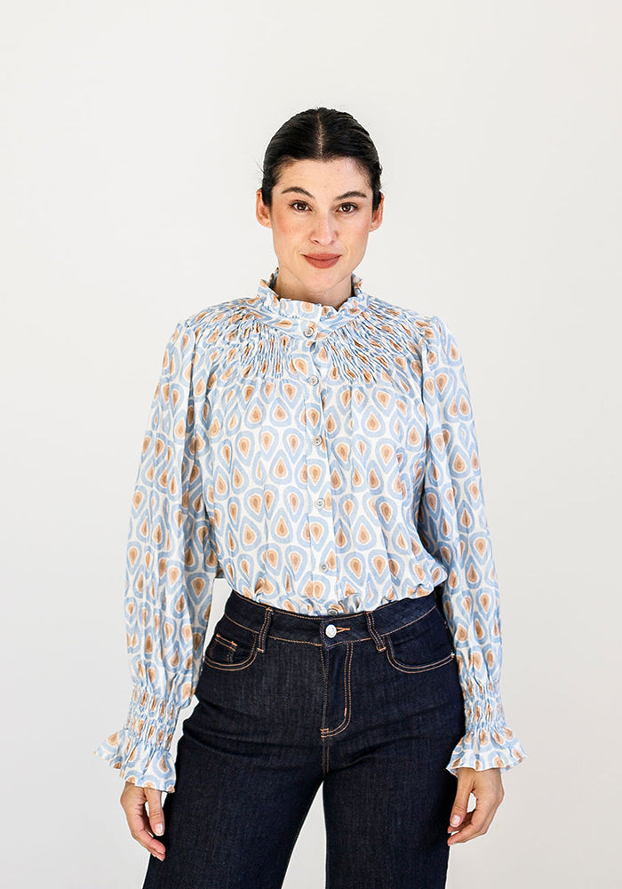 Clara Blouse | Blue, White & Beige