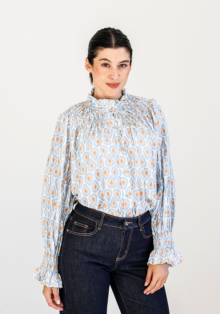 Clara Blouse | Blue, White & Beige