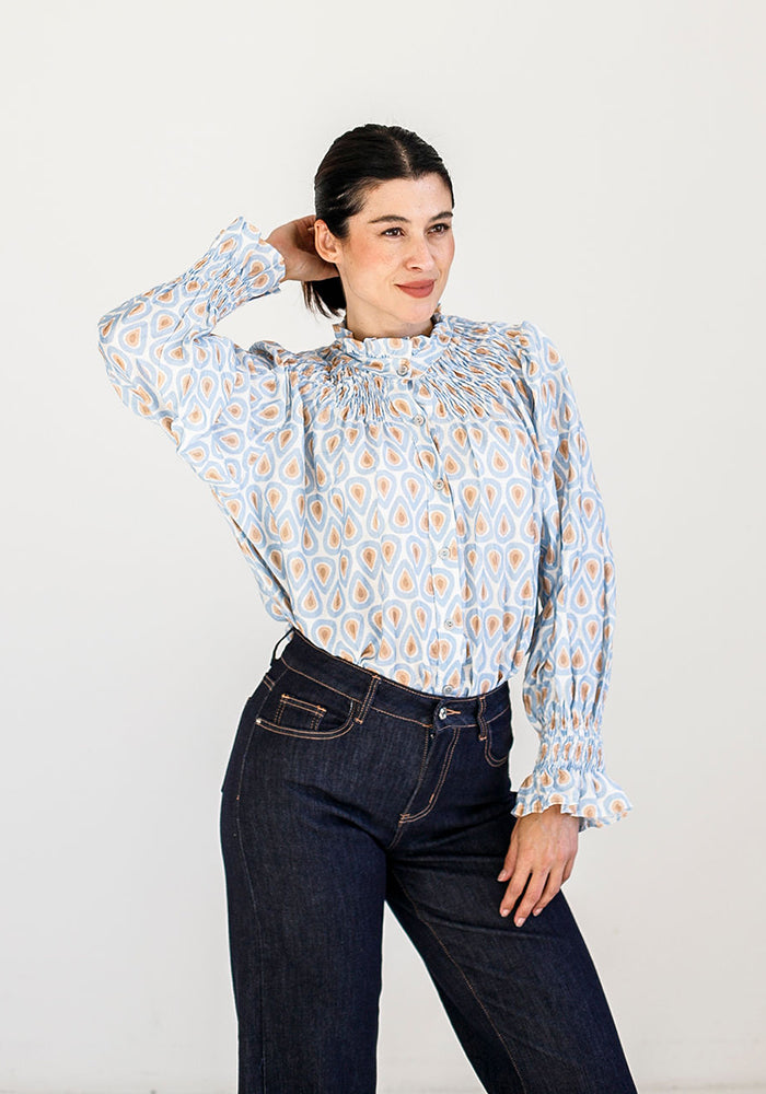 Clara Blouse | Blue, White & Beige