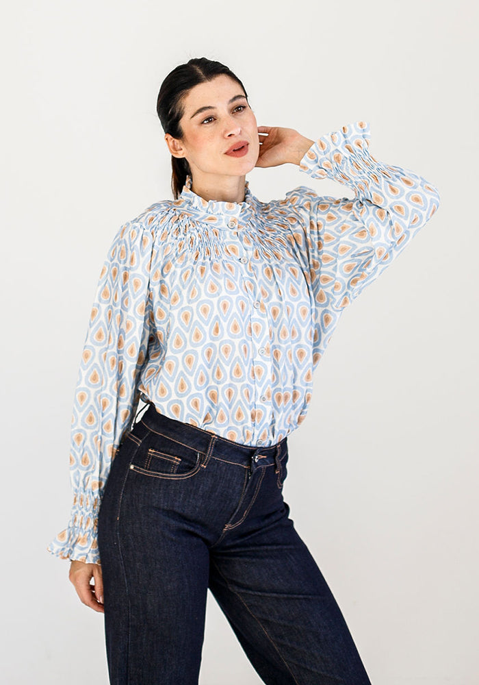 Clara Blouse | Blue, White & Beige