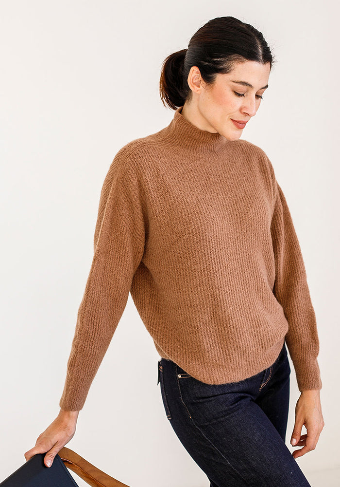 Fine Ribbed Funnel Neck Knit | Caramel