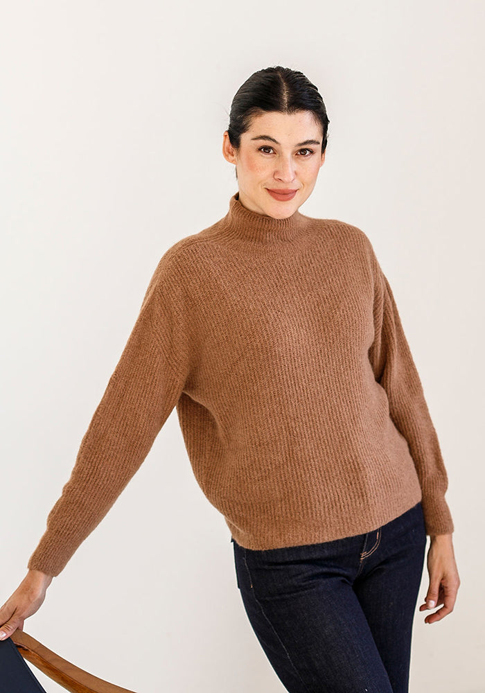 Fine Ribbed Funnel Neck Knit | Caramel