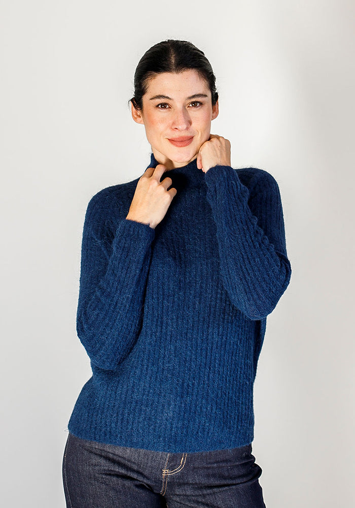 Thick Ribbed Funnel Neck Knit | Navy
