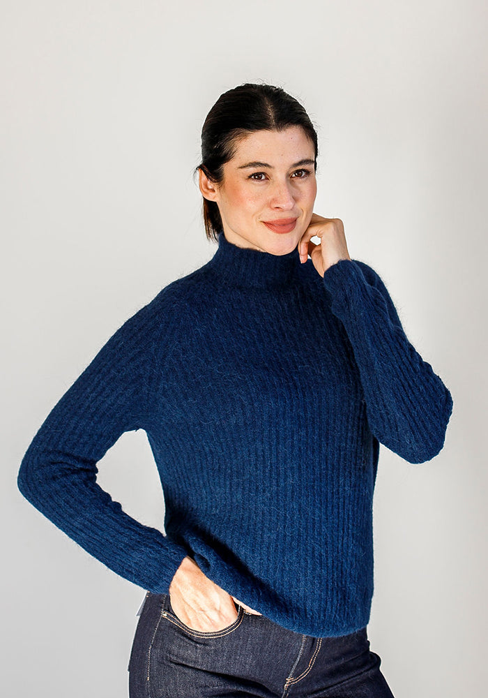 Thick Ribbed Funnel Neck Knit | Navy