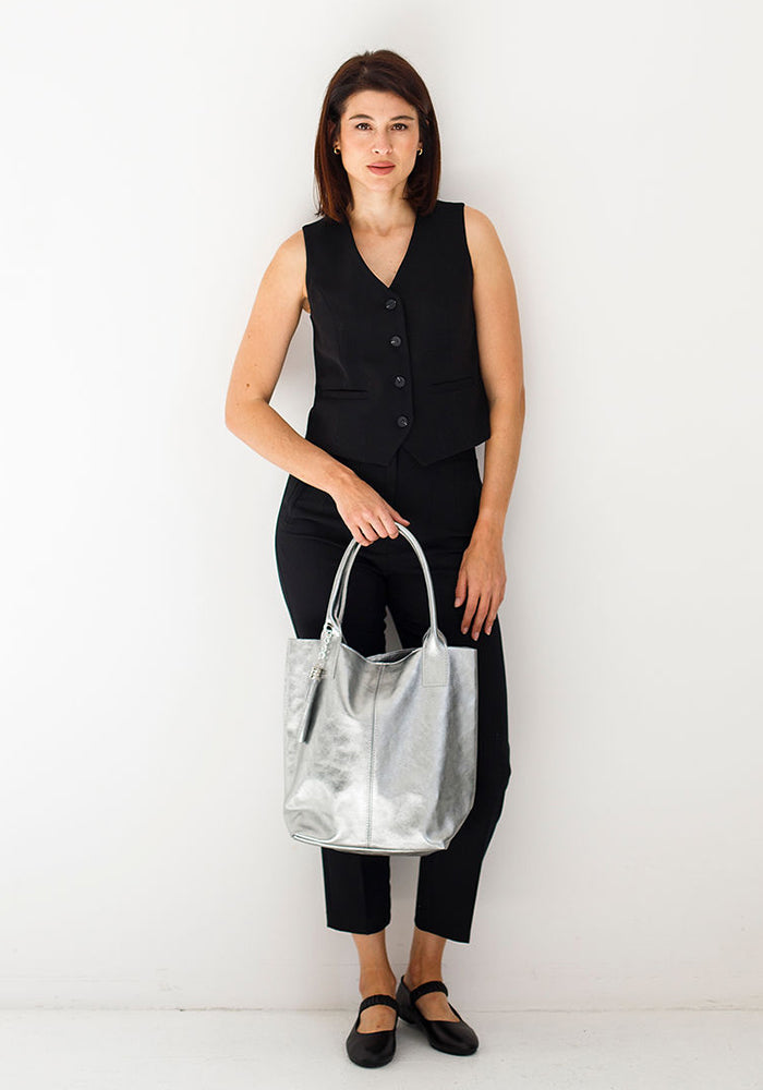 Macy Leather Tote | Silver