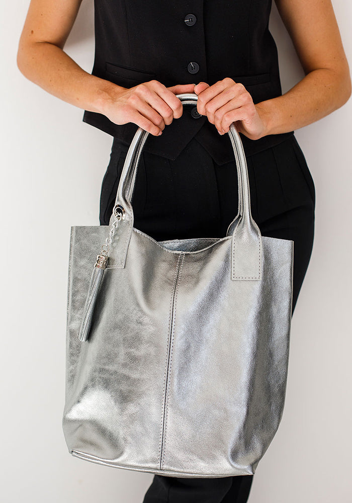 Macy Leather Tote | Silver