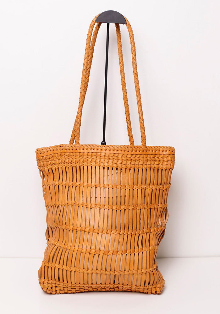 Capri Full Leather Woven Tote | Tan