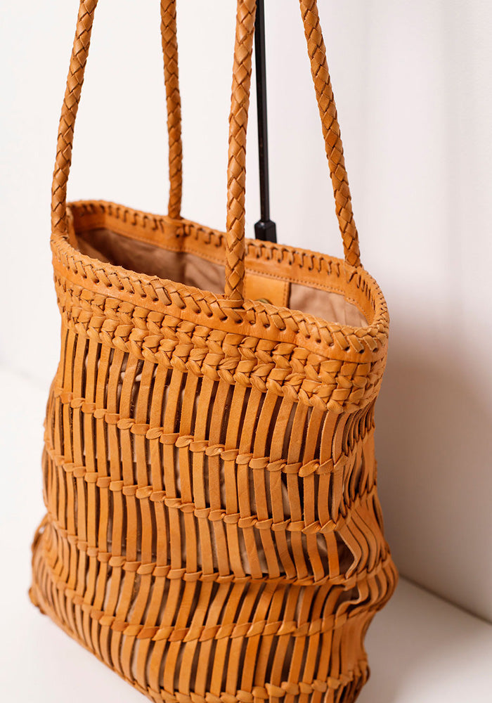 Capri Full Leather Woven Tote | Tan
