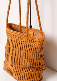 Capri Full Leather Woven Tote | Tan