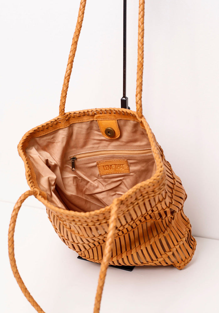 Capri Full Leather Woven Tote | Tan