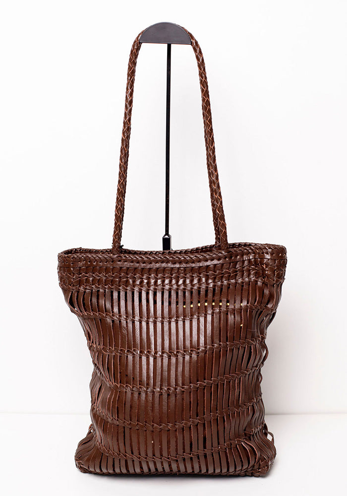 Capri Full Leather Woven Tote | Choc