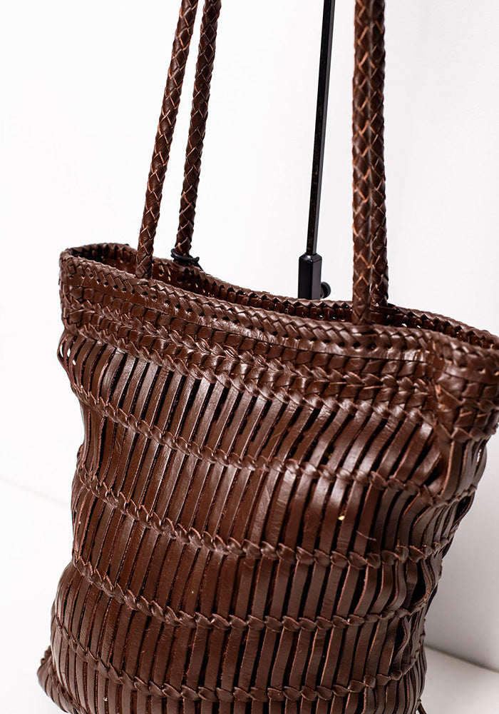 Capri Full Leather Woven Tote | Choc