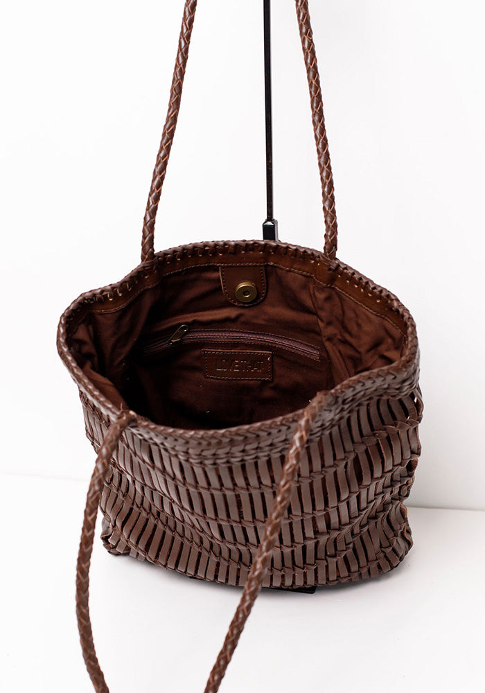 Capri Full Leather Woven Tote | Choc