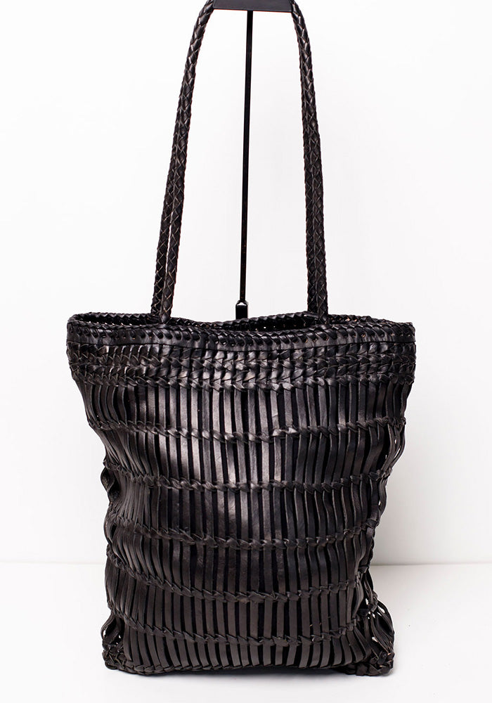Capri Full Leather Woven Tote | Black