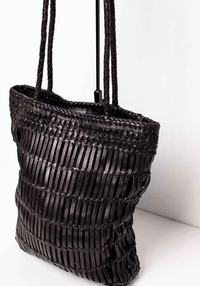 Capri Full Leather Woven Tote | Black