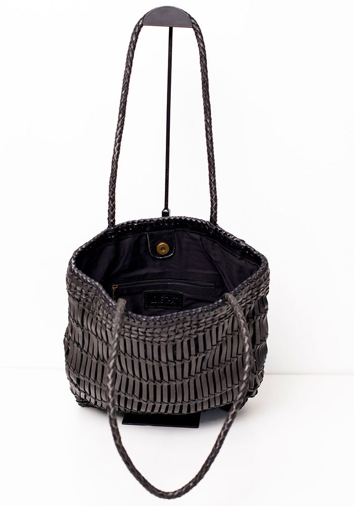 Capri Full Leather Woven Tote | Black