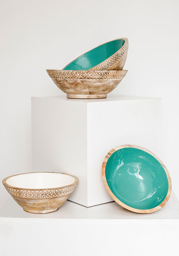 Wooden Etched Bowl | Aqua