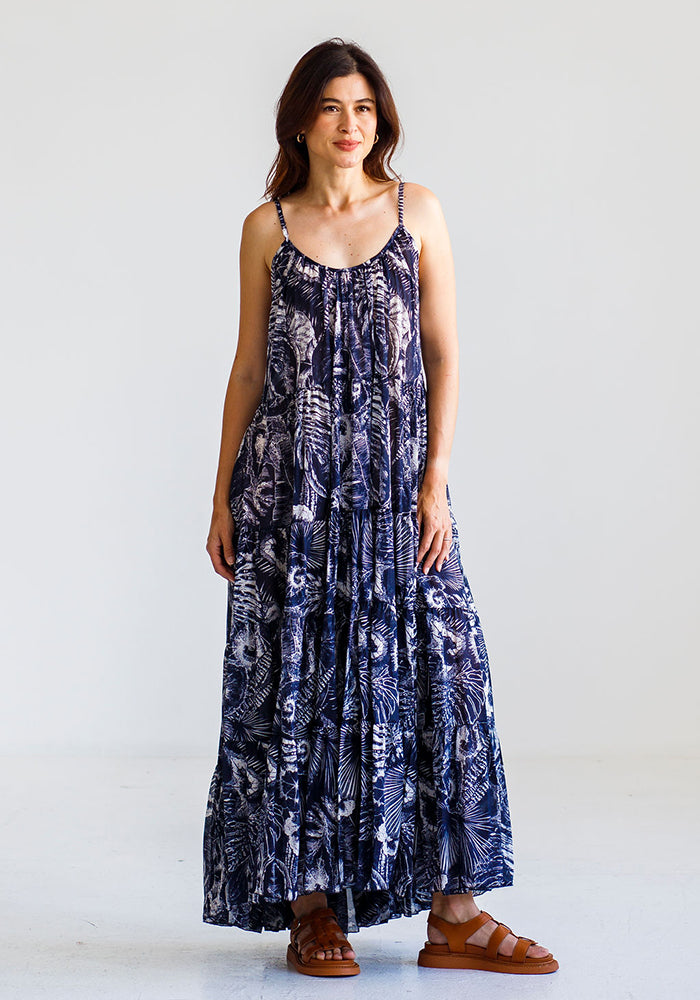 Cotton Low Back Tiered Dress | Navy