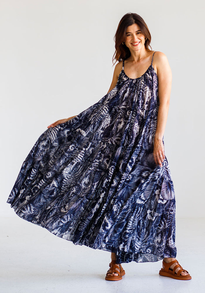 Cotton Low Back Tiered Dress | Navy