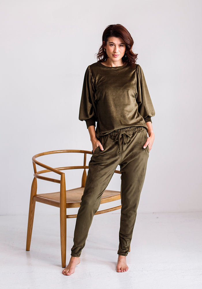 Nikki Velour Loungewear Jogger | Khaki