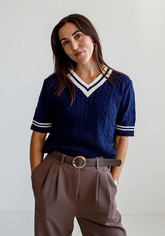 College V Neck Cable Sleeve | Navy