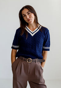 College V Neck Cable Sleeve | Navy