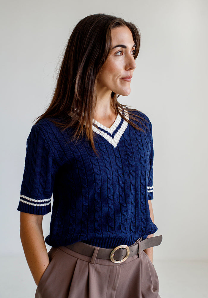 College V Neck Cable Sleeve | Navy