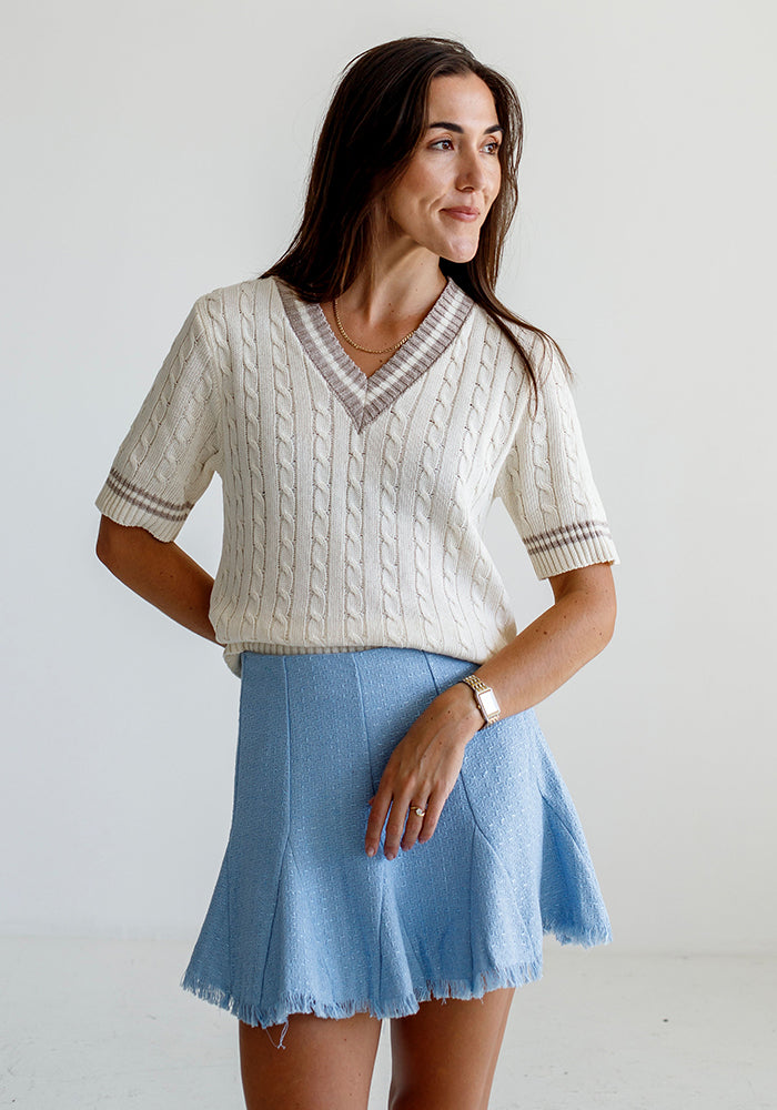 College V Neck Cable Sleeve | Ecru