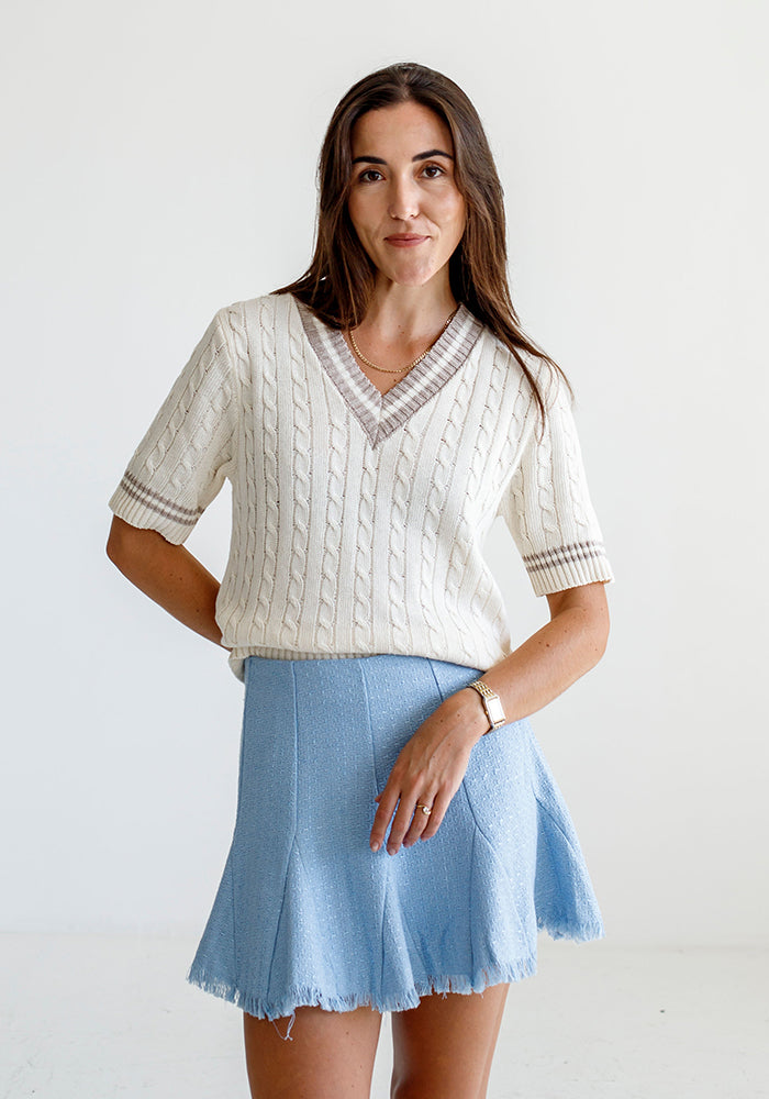 College V Neck Cable Sleeve | Ecru
