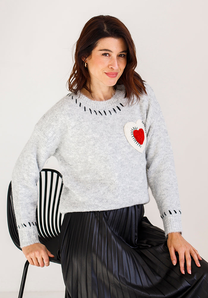 Heart Round Neck Knit | Grey
