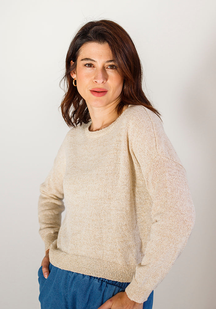 Round Neck Shimmer Knit | Ecru