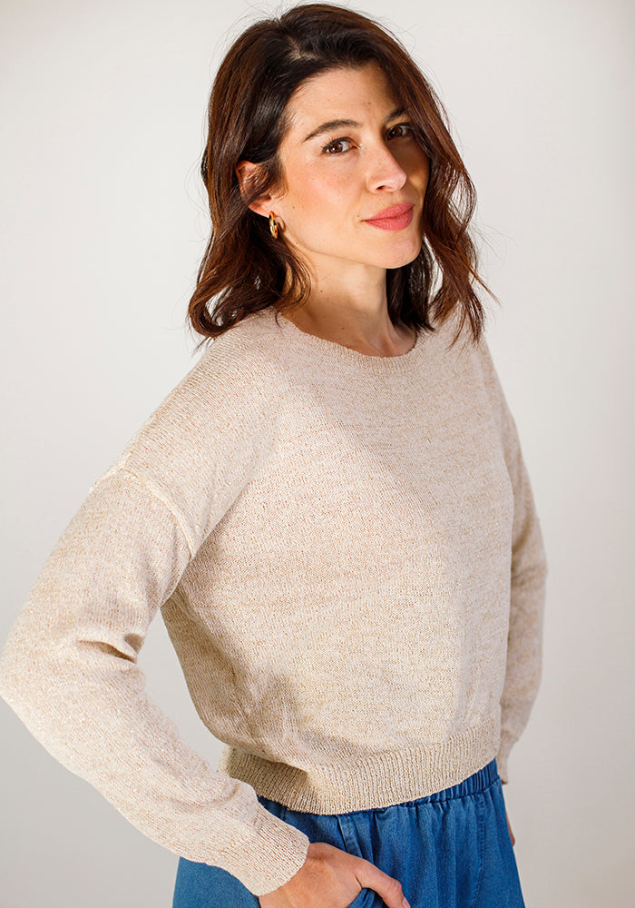 Round Neck Shimmer Knit | Ecru